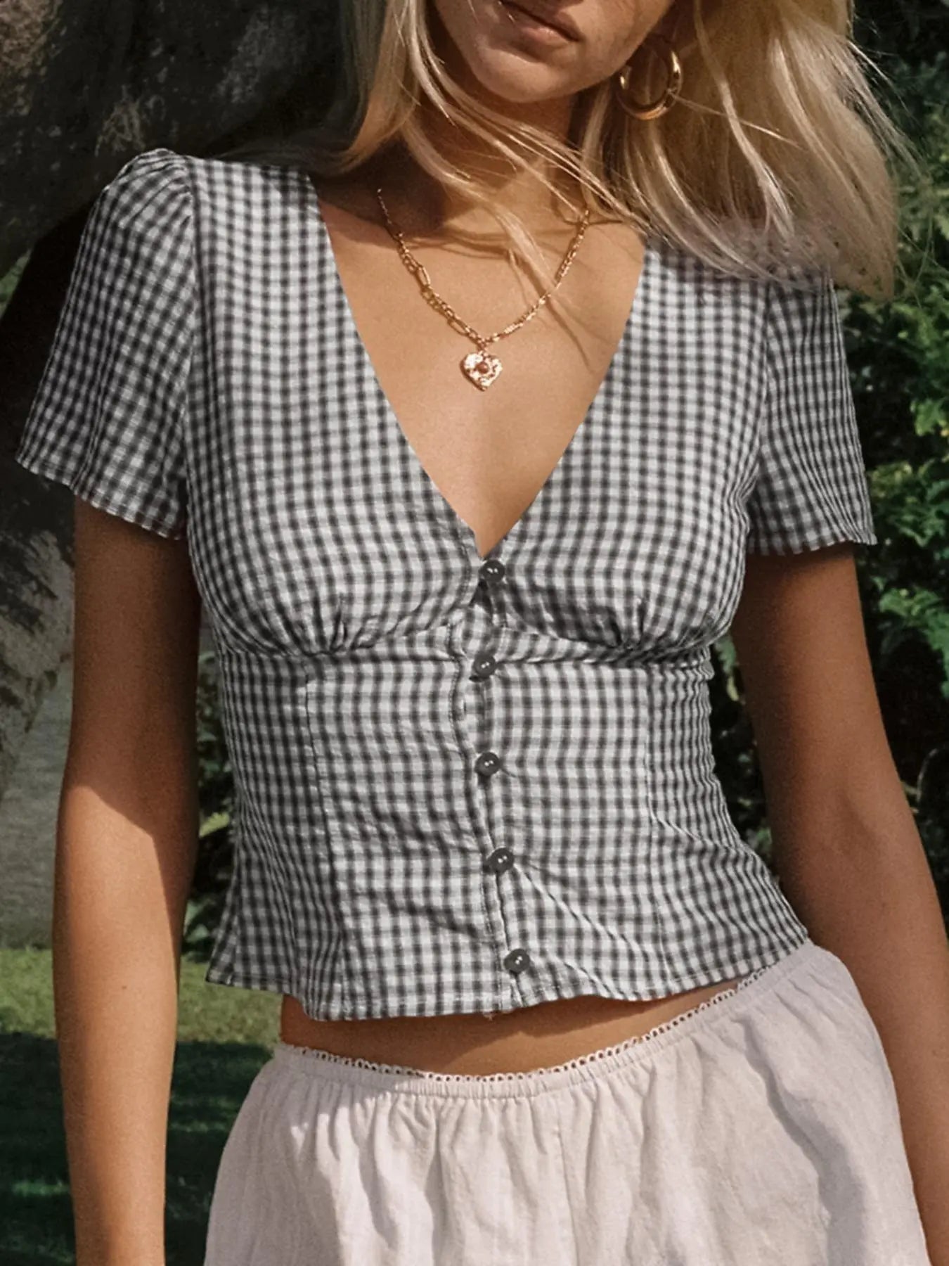 Short Sleeve Gingham V-Neck Blouse for Women, Slim-Fit Button-Up Top, Stylish Summer Wear for Ages 25-34, Moderate Fabric Thickness