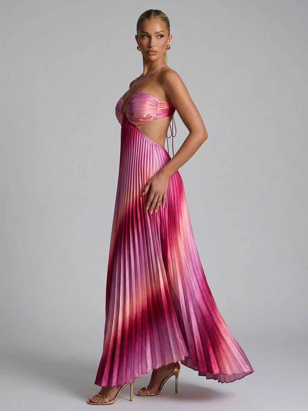 Likemychoice 2026 Ombre Pink Pleated Maxi Dress Halter Cut Out Vacation Dress for Women Casual Womenswear