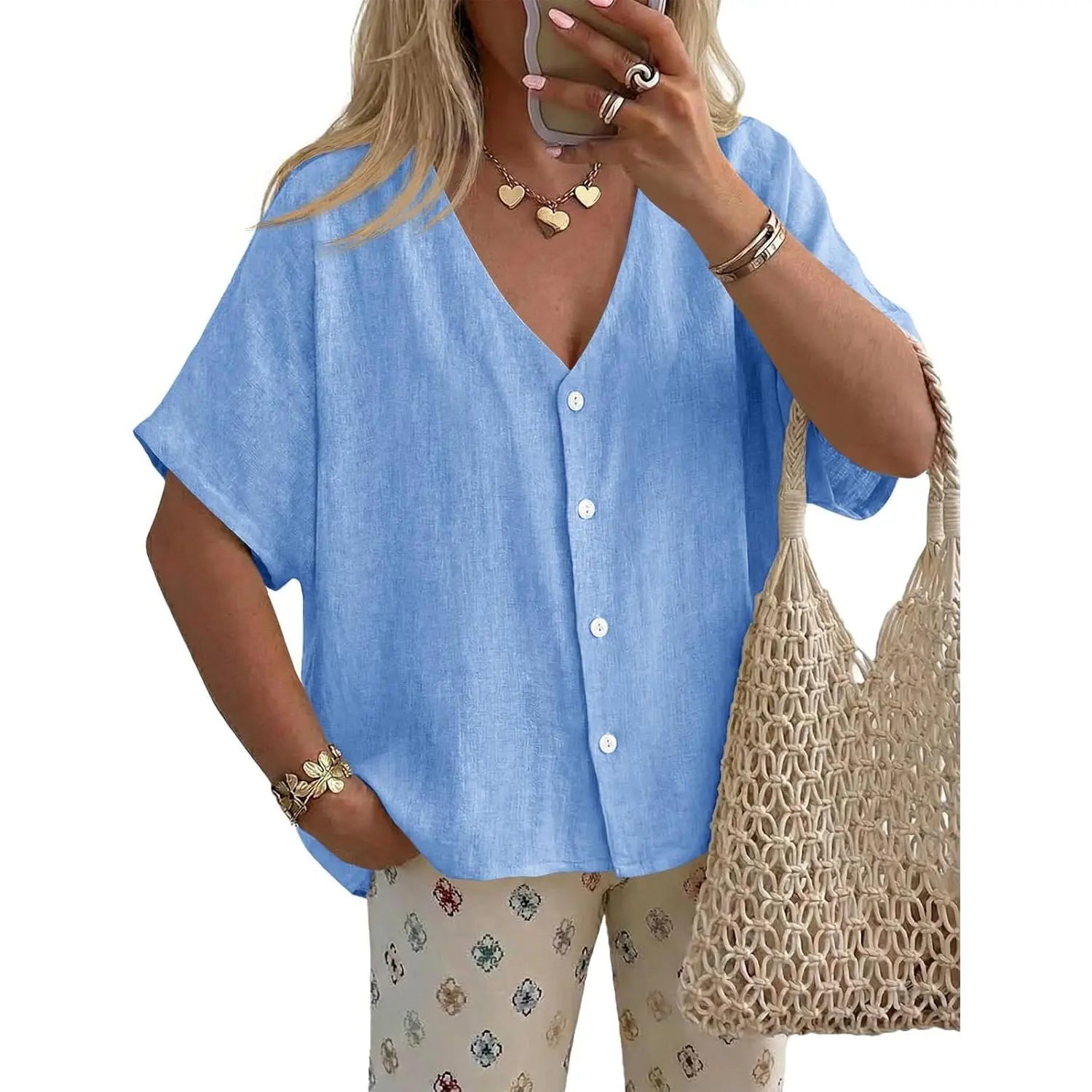 TANKANEO Women'S Short-Sleeve Batwing Blouse, Oversized V-Neck Button-Down Shirt, Lightweight Breathable Soft Relaxed-Fit Tops for Summer Casual Day Fashion, Pairable with Leggings