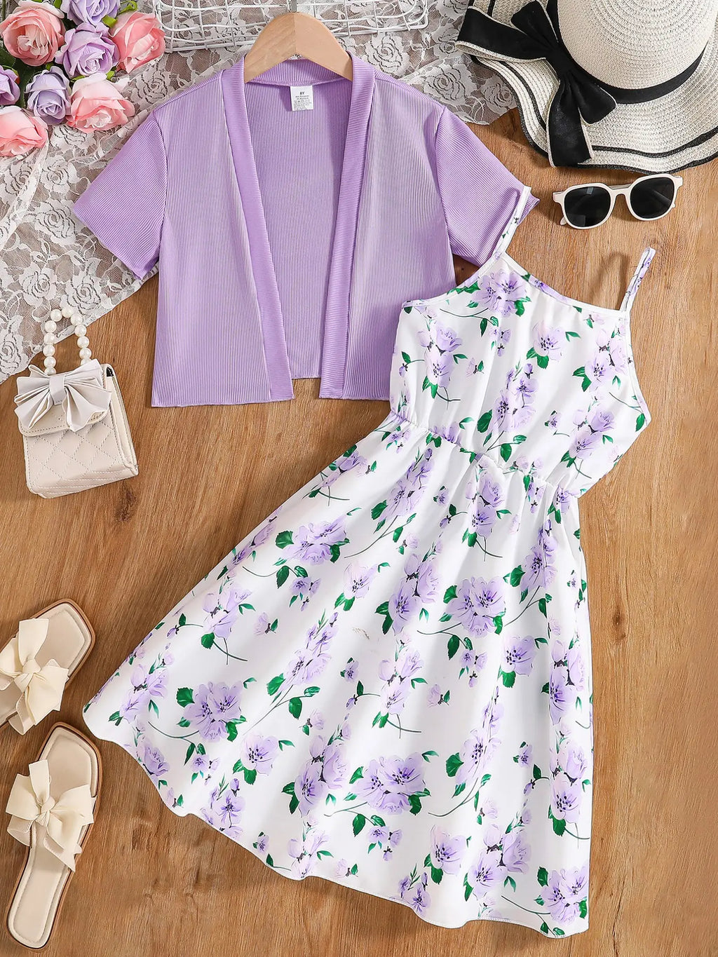 Girl'S Floral Print Dress & Short Sleeve Outerwear Set, Casual Outerwear & Ditsy Floral Dress, Summer Clothes for Kids, Floral Printed Dress, Floral Pattern Dress
