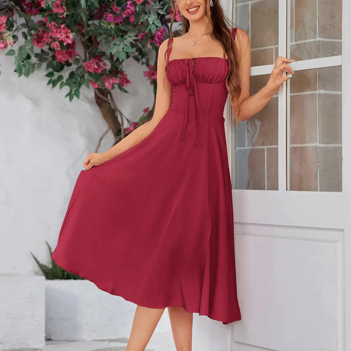 Backless Tie Front Boned Split Print Bodycon Dress, Dresses for Summer Vacations and Casual Outings