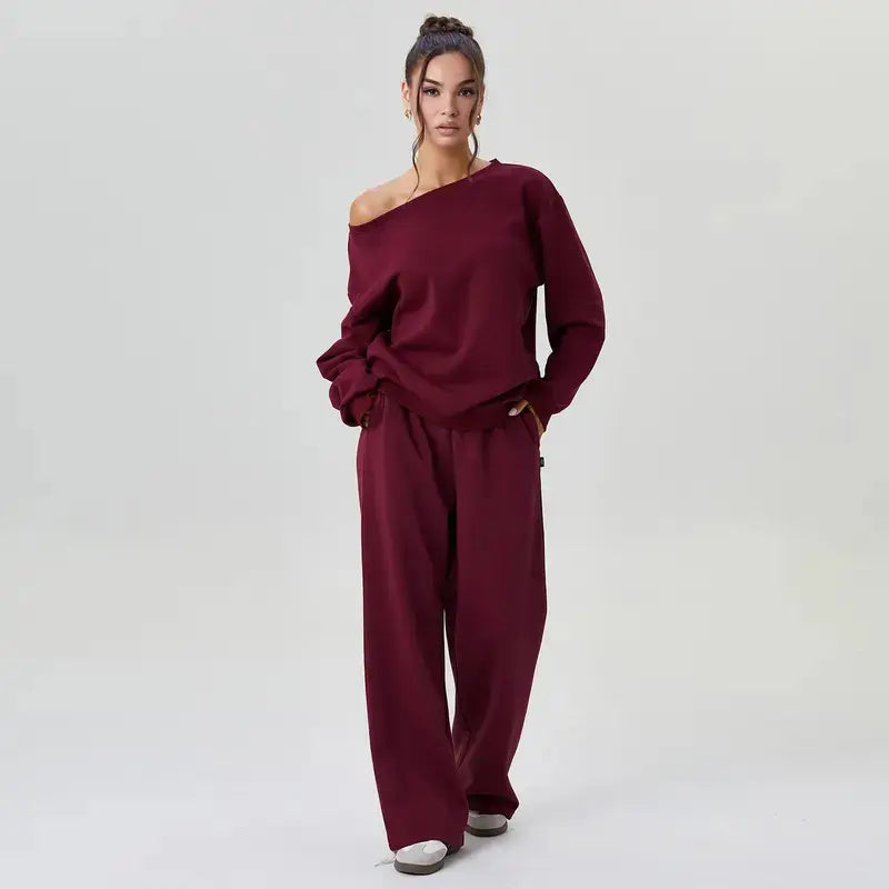 Women'S Leisure Solid Color off Shoulder Long Sleeve Top & Comfortable Wide Leg Trousers Basic Womenswear