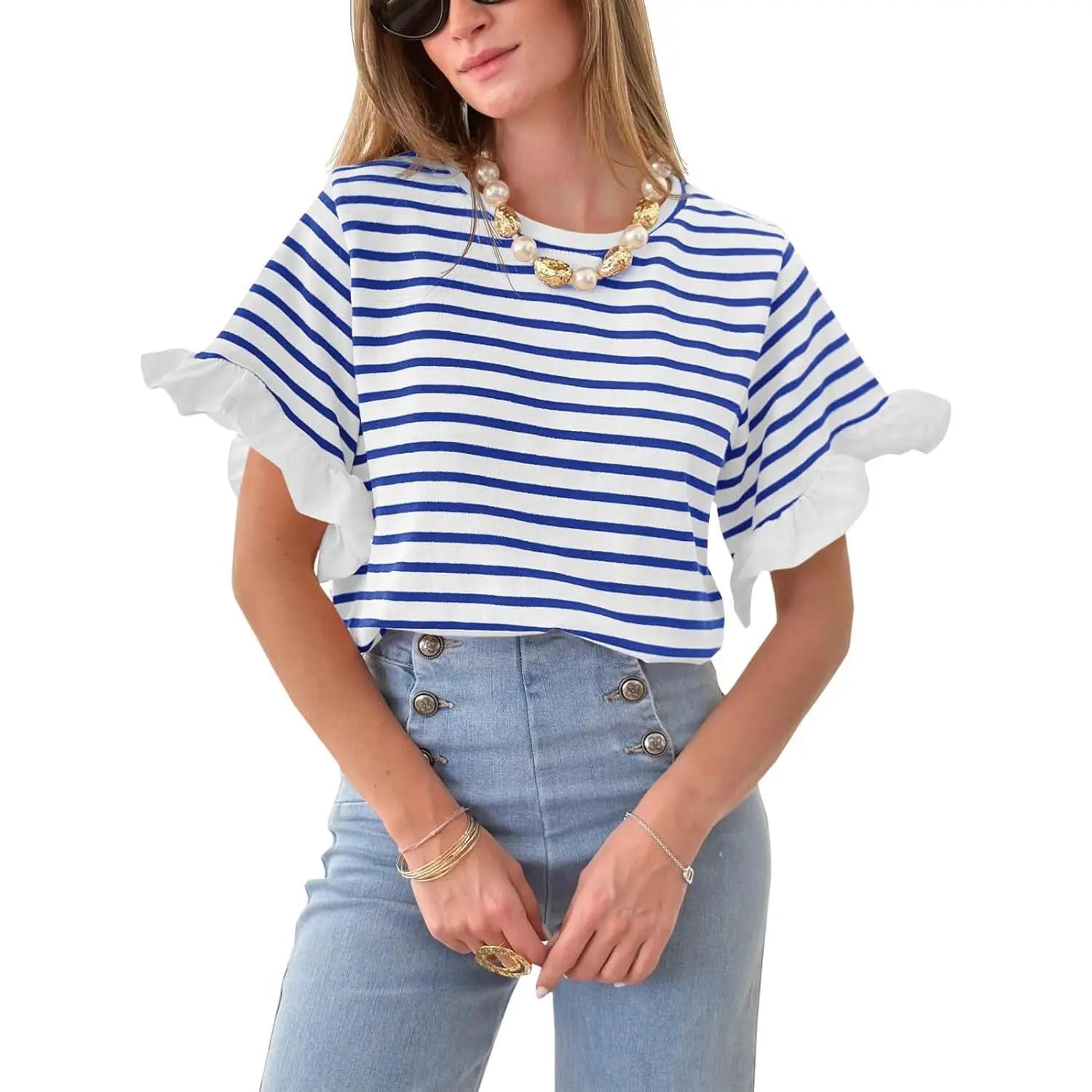 Imily Bela Women Striped Tops Ruffle Sleeve Casual Basic T Shirts Crewneck Short Sleeve Shirt Summer Outfit