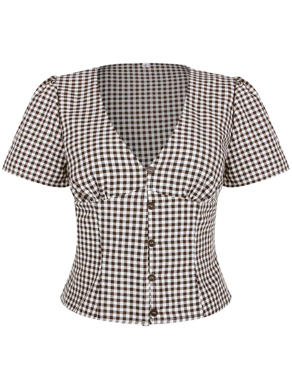 Short Sleeve Gingham V-Neck Blouse for Women, Slim-Fit Button-Up Top, Stylish Summer Wear for Ages 25-34, Moderate Fabric Thickness