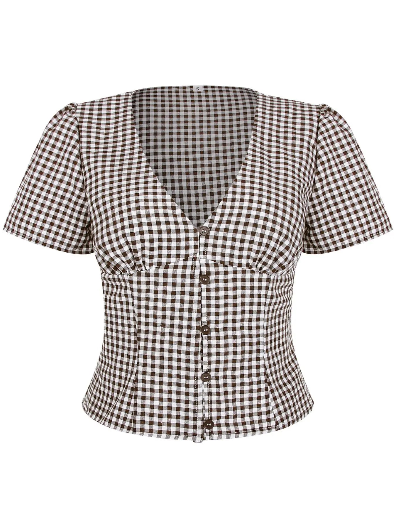 Short Sleeve Gingham V-Neck Blouse for Women, Slim-Fit Button-Up Top, Stylish Summer Wear for Ages 25-34, Moderate Fabric Thickness