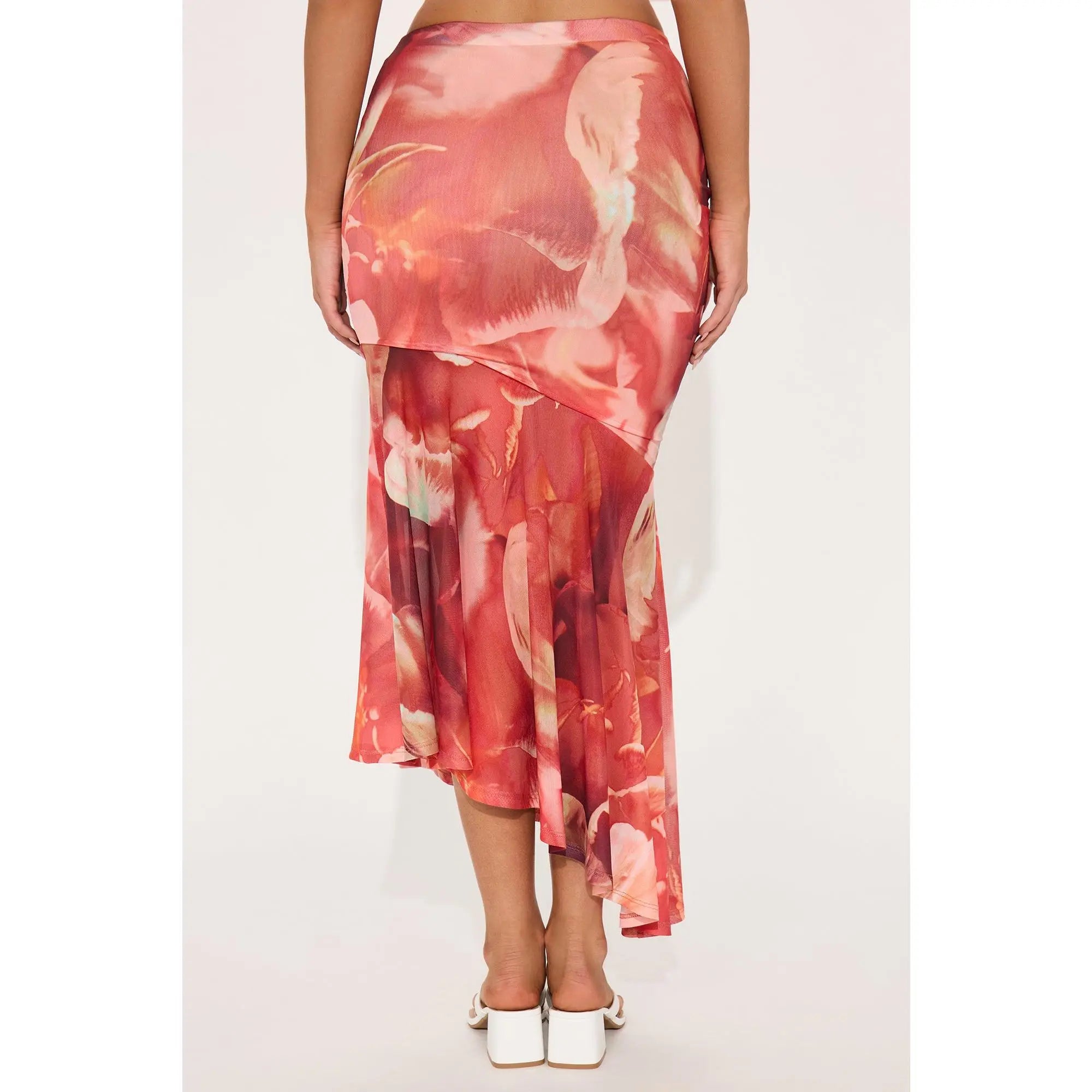 Destiny Asymmetrical Mesh Midi Skirt - Red/Combo
