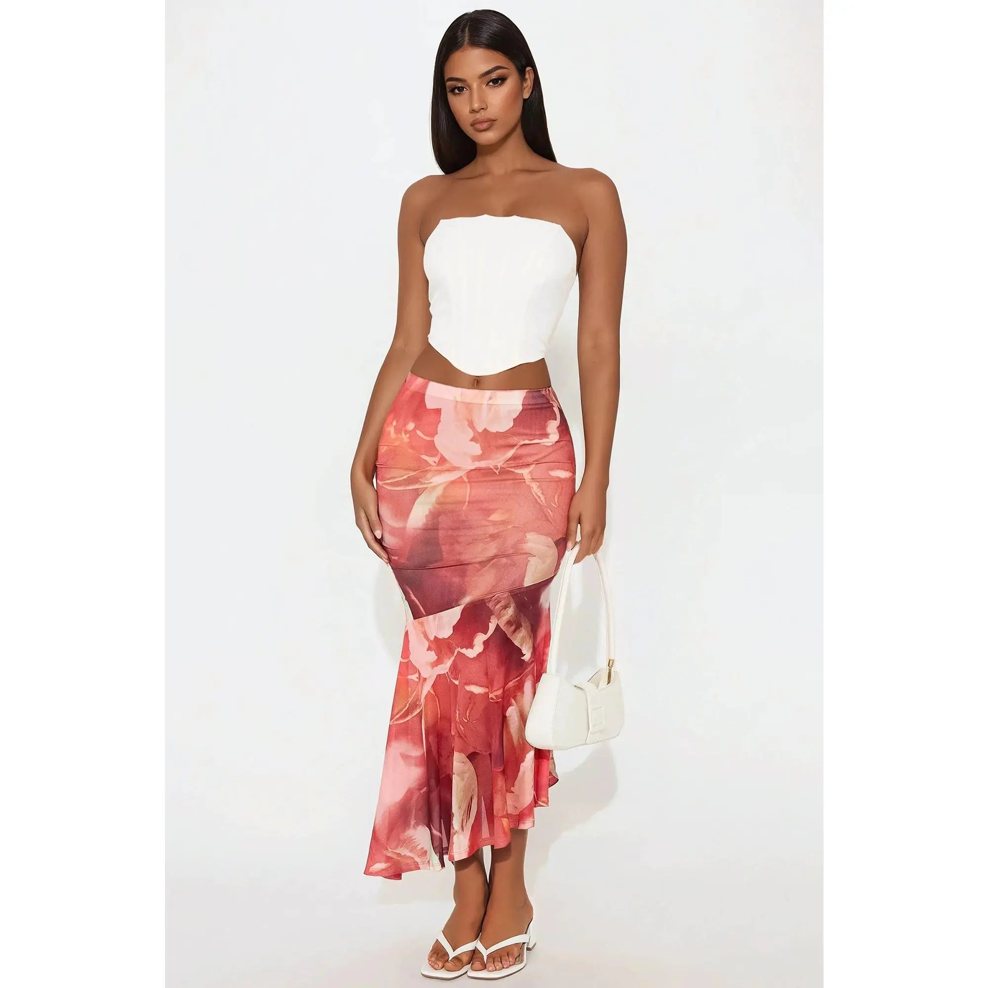 Destiny Asymmetrical Mesh Midi Skirt - Red/Combo