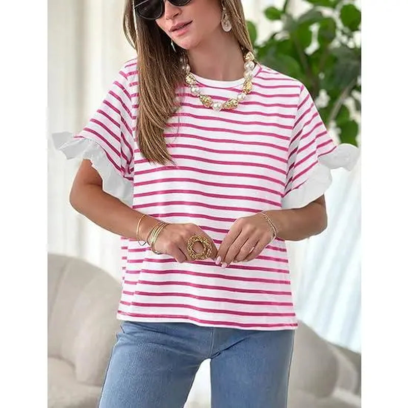 Imily Bela Women Striped Tops Ruffle Sleeve Casual Basic T Shirts Crewneck Short Sleeve Shirt Summer Outfit