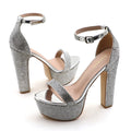Rhinestone Platform High Heels for Women - 5.5 Inch Chunky Open Toe Ankle Strap Sandals in Silver, Comfortable Sparkly Bling Footwear for Elegant Evening Wear