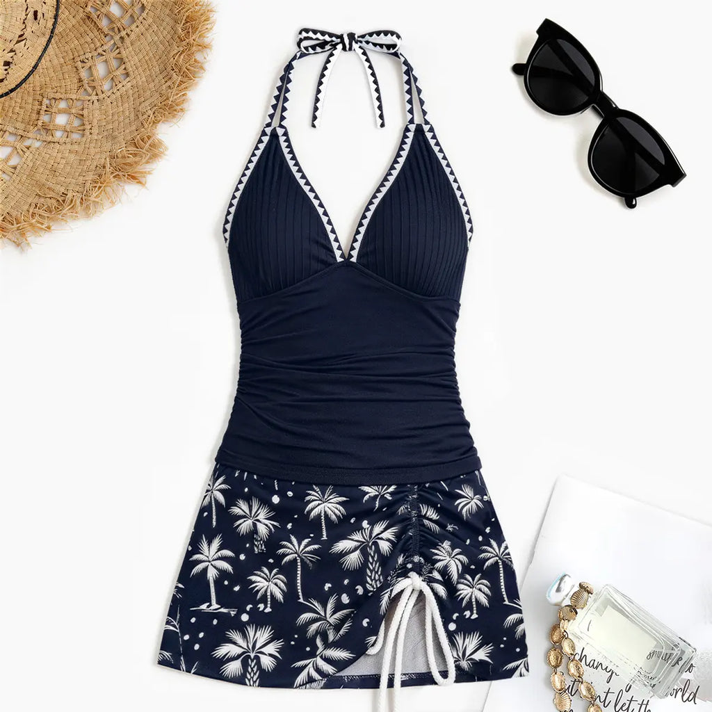 ETCYY Women'S 2-Piece Swimsuit: Navy Blue Tropical Halter Tankini with Side Tie Skirt | Textured Comfort Stretch Fabric,Summervibes