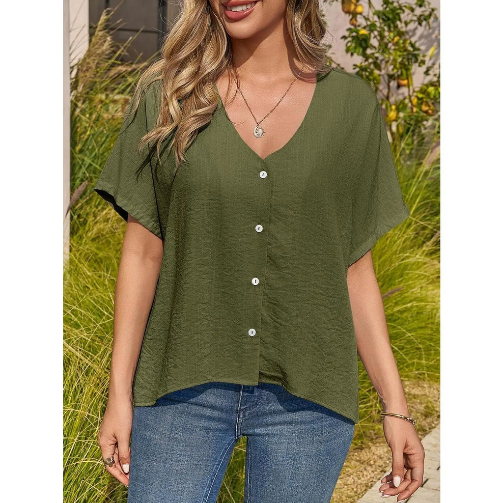 TANKANEO Women'S Short-Sleeve Batwing Blouse, Oversized V-Neck Button-Down Shirt, Lightweight Breathable Soft Relaxed-Fit Tops for Summer Casual Day Fashion, Pairable with Leggings
