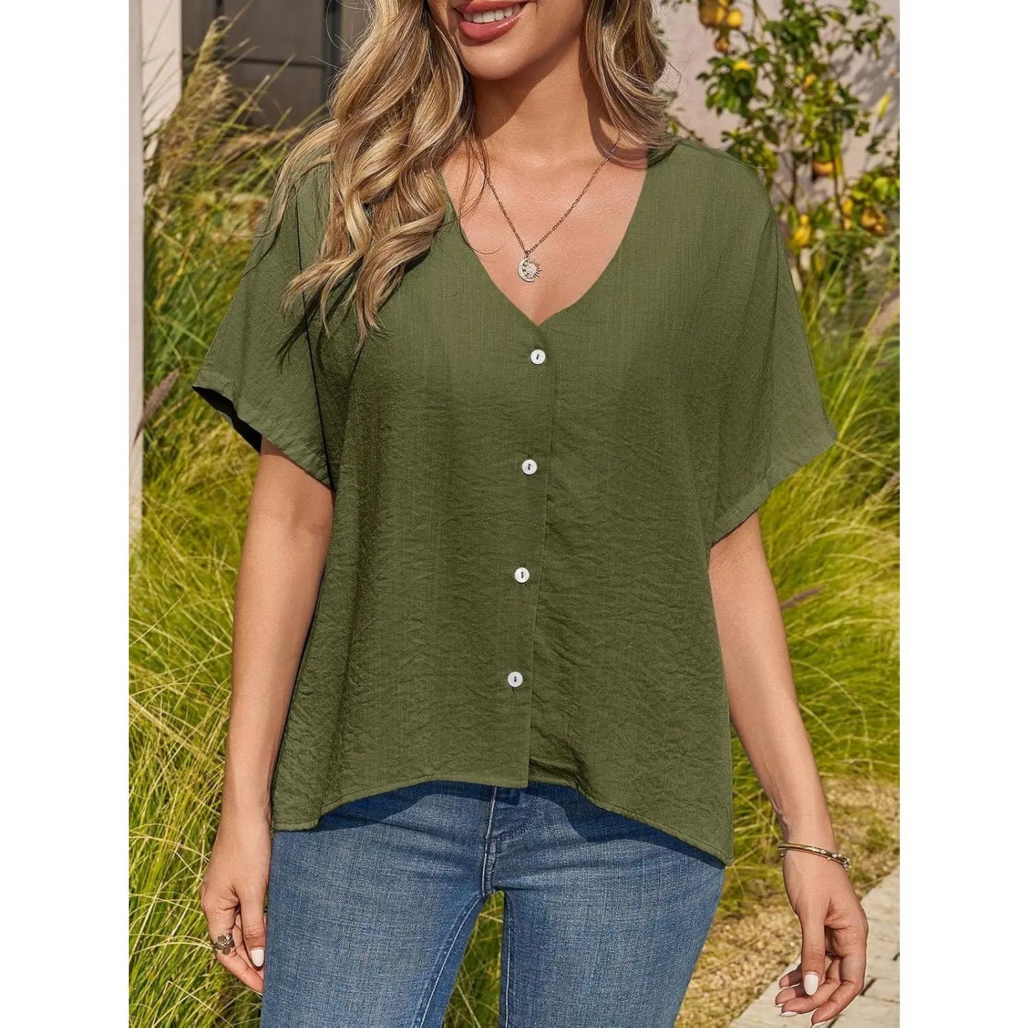 TANKANEO Women'S Short-Sleeve Batwing Blouse, Oversized V-Neck Button-Down Shirt, Lightweight Breathable Soft Relaxed-Fit Tops for Summer Casual Day Fashion, Pairable with Leggings