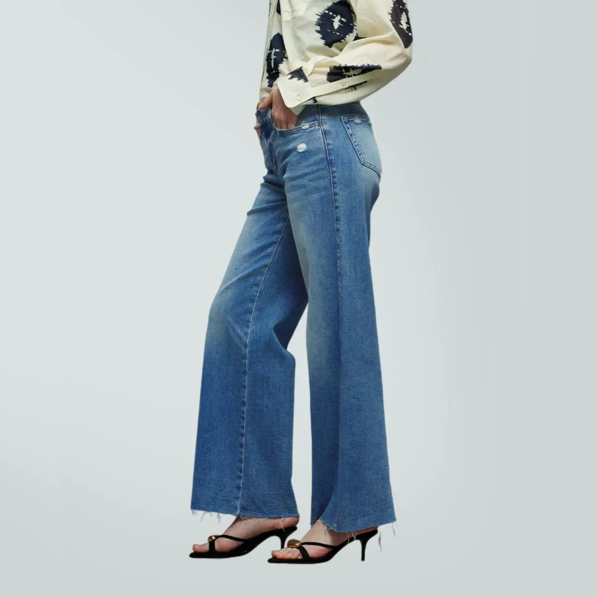 ONESO BBL Jeans for Women Wide Leg Stretchy Denim Pants Distressed Raw Hem Baggy Fit Mid Low Waist Y2K