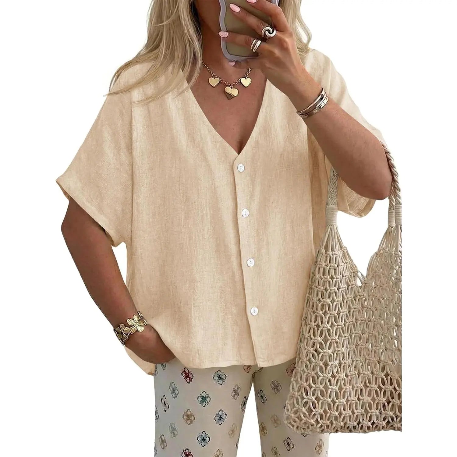 TANKANEO Women'S Short-Sleeve Batwing Blouse, Oversized V-Neck Button-Down Shirt, Lightweight Breathable Soft Relaxed-Fit Tops for Summer Casual Day Fashion, Pairable with Leggings