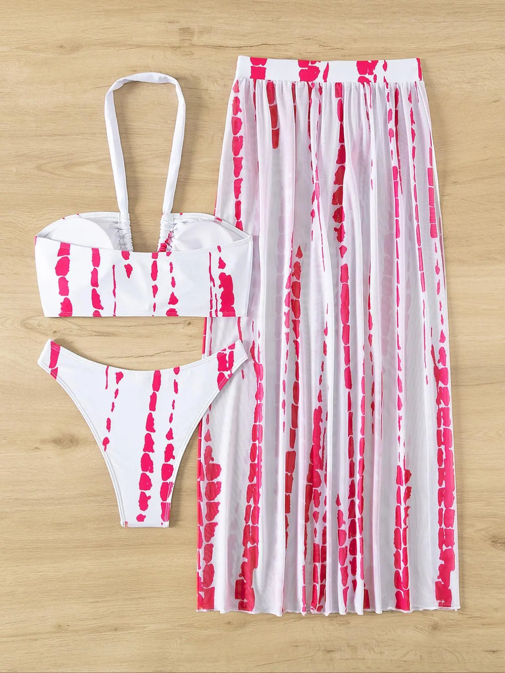 Three-Piece Set Women'S Tie Dye Print Criss Cross Swimsuit Set, Boho Halter Neck Swim Bra & Split Thigh Cover up Skirt & High Cut Swim Panty Set, Ladies Bikini Set for Summer Beach
