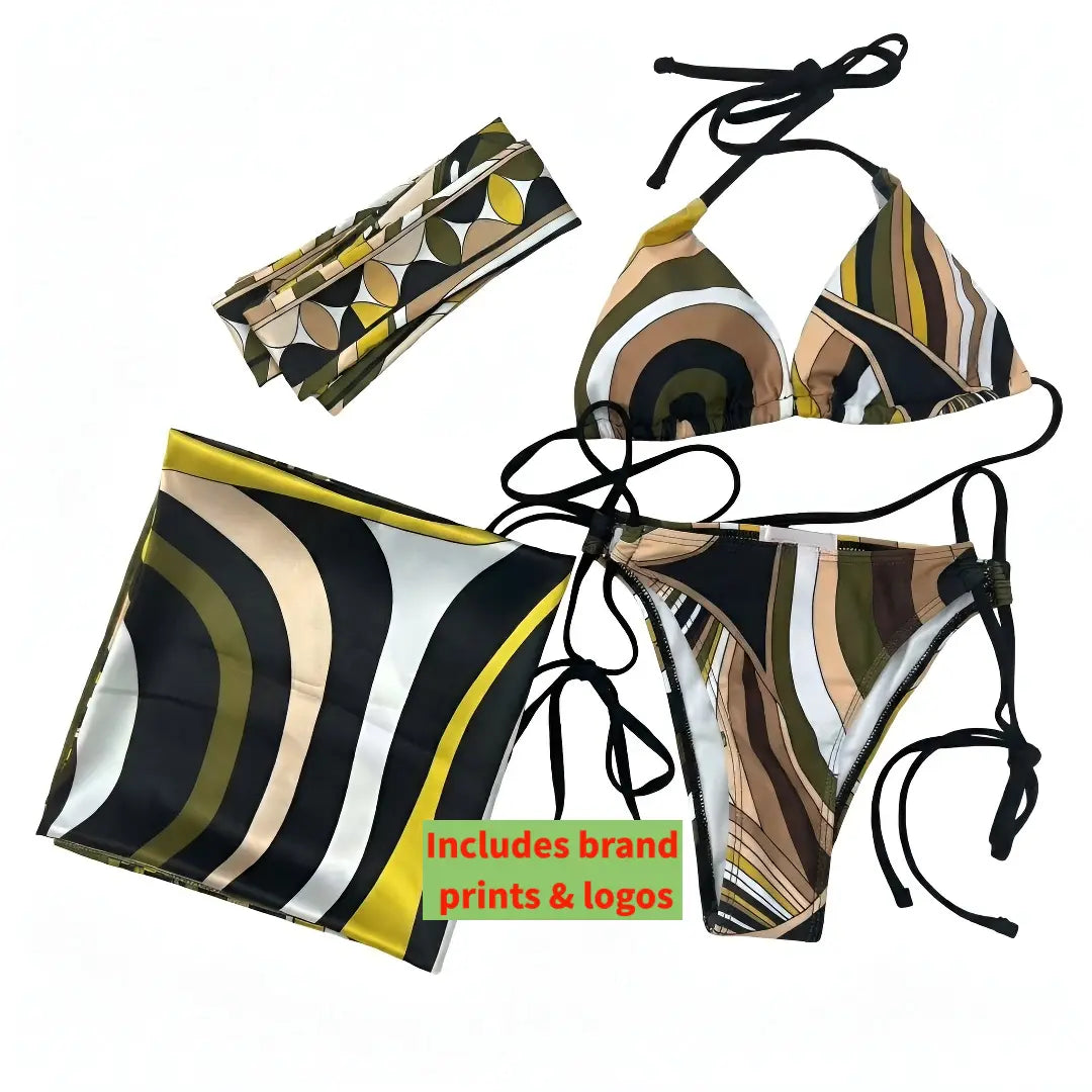 [Summervibes] XS-XL Luxury Women'S Floral Silk Three Piece Bikini Set - Bohemian Beach Swimwear with Scarf & Headband, Softsmoothadjustable Swimsuits for Women Summerbeach,Swimming Pool, Hot Spring Swimsuit