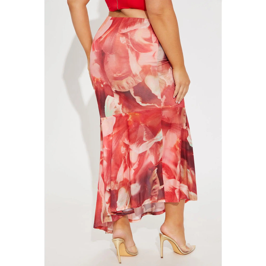 Destiny Asymmetrical Mesh Midi Skirt - Red/Combo