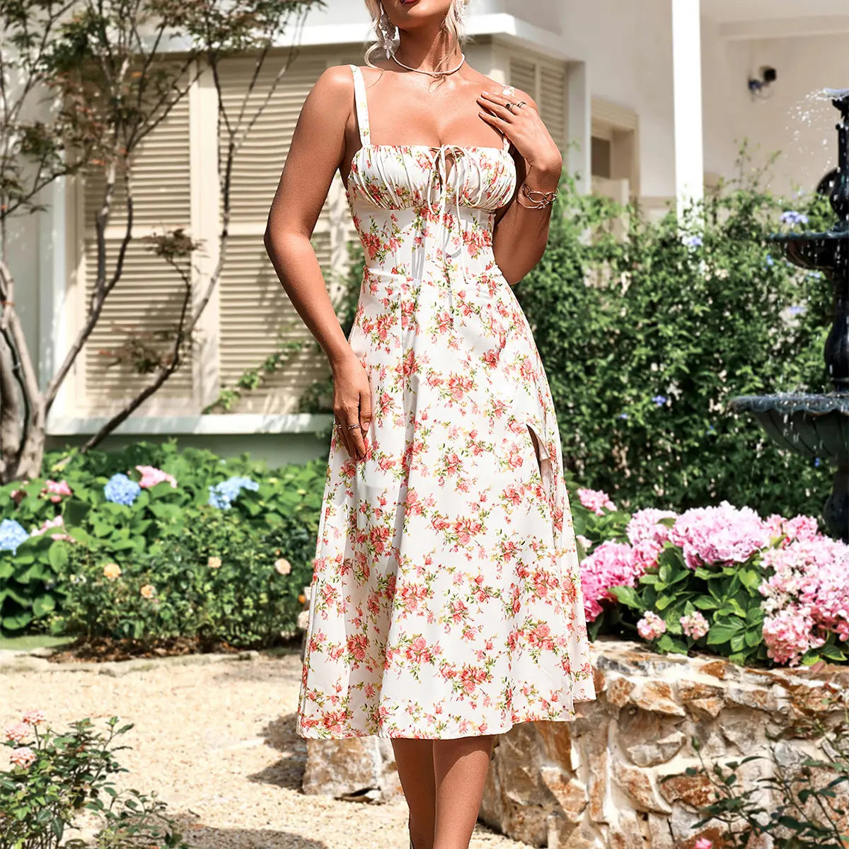 Backless Tie Front Boned Split Print Bodycon Dress, Dresses for Summer Vacations and Casual Outings