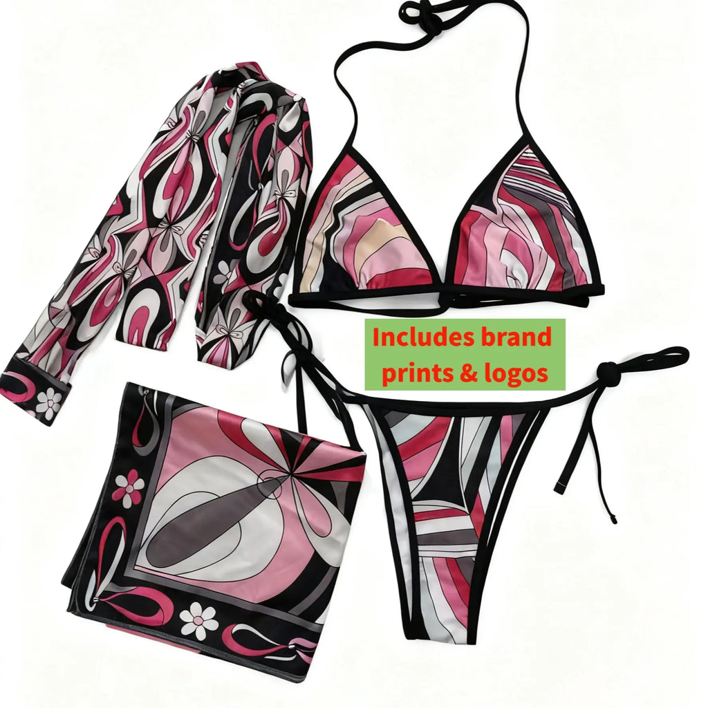 [Summervibes] XS-XL Luxury Women'S Floral Silk Three Piece Bikini Set - Bohemian Beach Swimwear with Scarf & Headband, Softsmoothadjustable Swimsuits for Women Summerbeach,Swimming Pool, Hot Spring Swimsuit