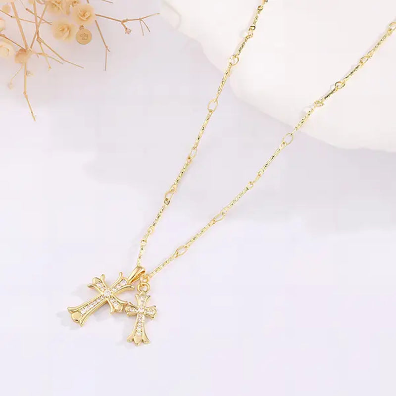 14K Gold Plated Double Cross Pendant Necklace with Cubic Zirconia Dainty Bamboo Link Chain Choker Delicate Faith Jewelry Religious Gifts for Women Men
