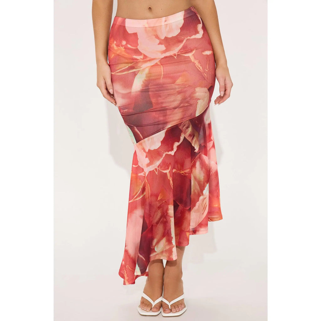 Destiny Asymmetrical Mesh Midi Skirt - Red/Combo