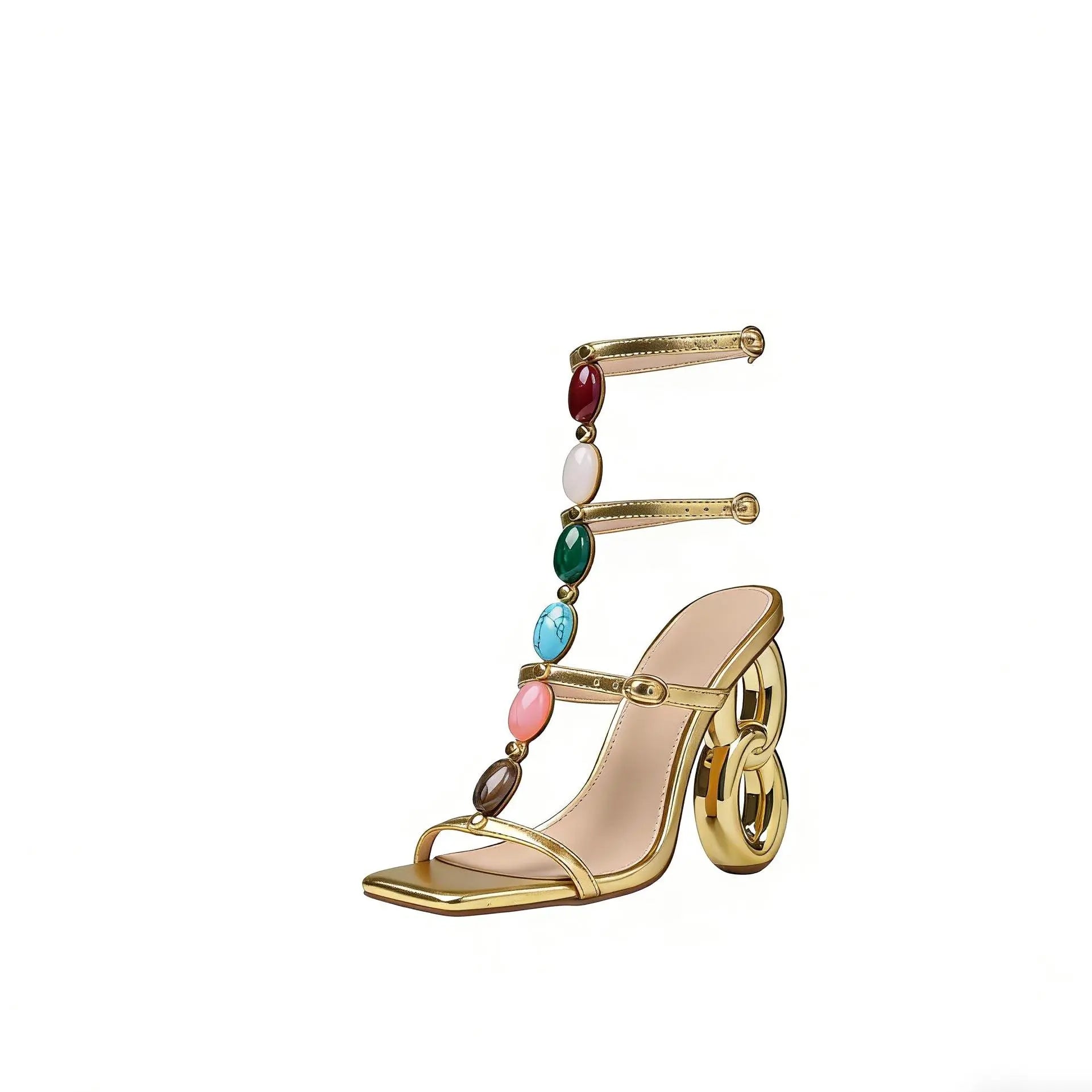 Women'S Gold High Heeled Sandals with Unique Sculpted 8-Shaped Heel, Colorful Gemstone Decor & Square Toe, Sexy Fashion Party Shoes