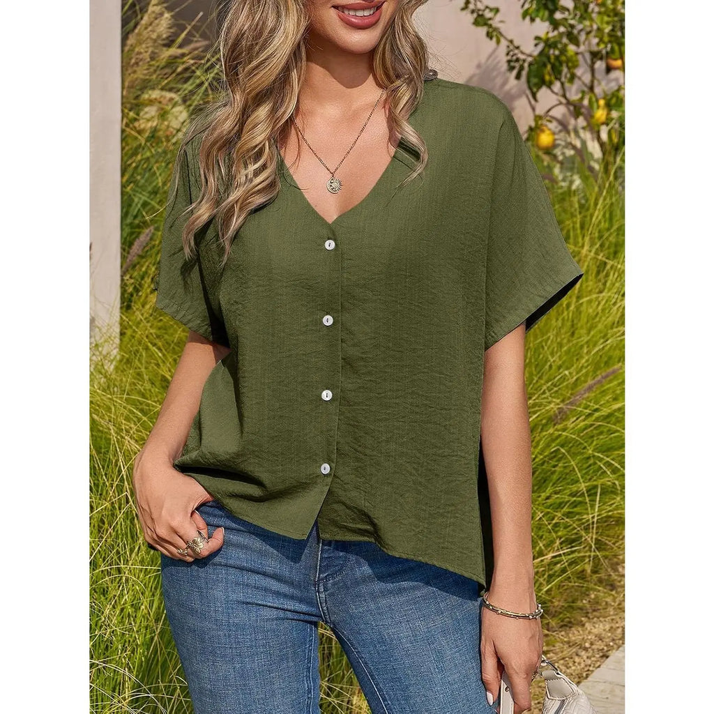 TANKANEO Women'S Short-Sleeve Batwing Blouse, Oversized V-Neck Button-Down Shirt, Lightweight Breathable Soft Relaxed-Fit Tops for Summer Casual Day Fashion, Pairable with Leggings