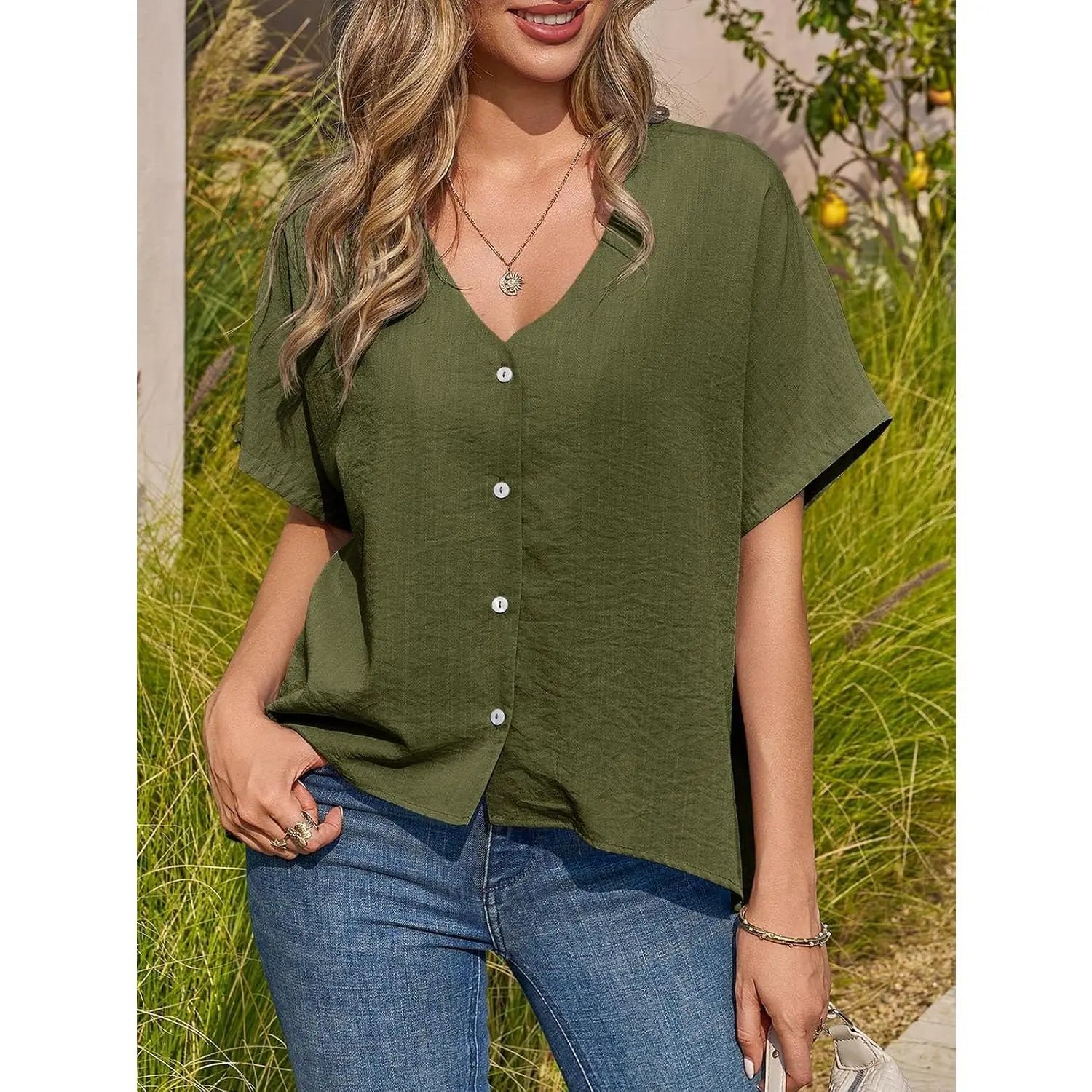 TANKANEO Women'S Short-Sleeve Batwing Blouse, Oversized V-Neck Button-Down Shirt, Lightweight Breathable Soft Relaxed-Fit Tops for Summer Casual Day Fashion, Pairable with Leggings