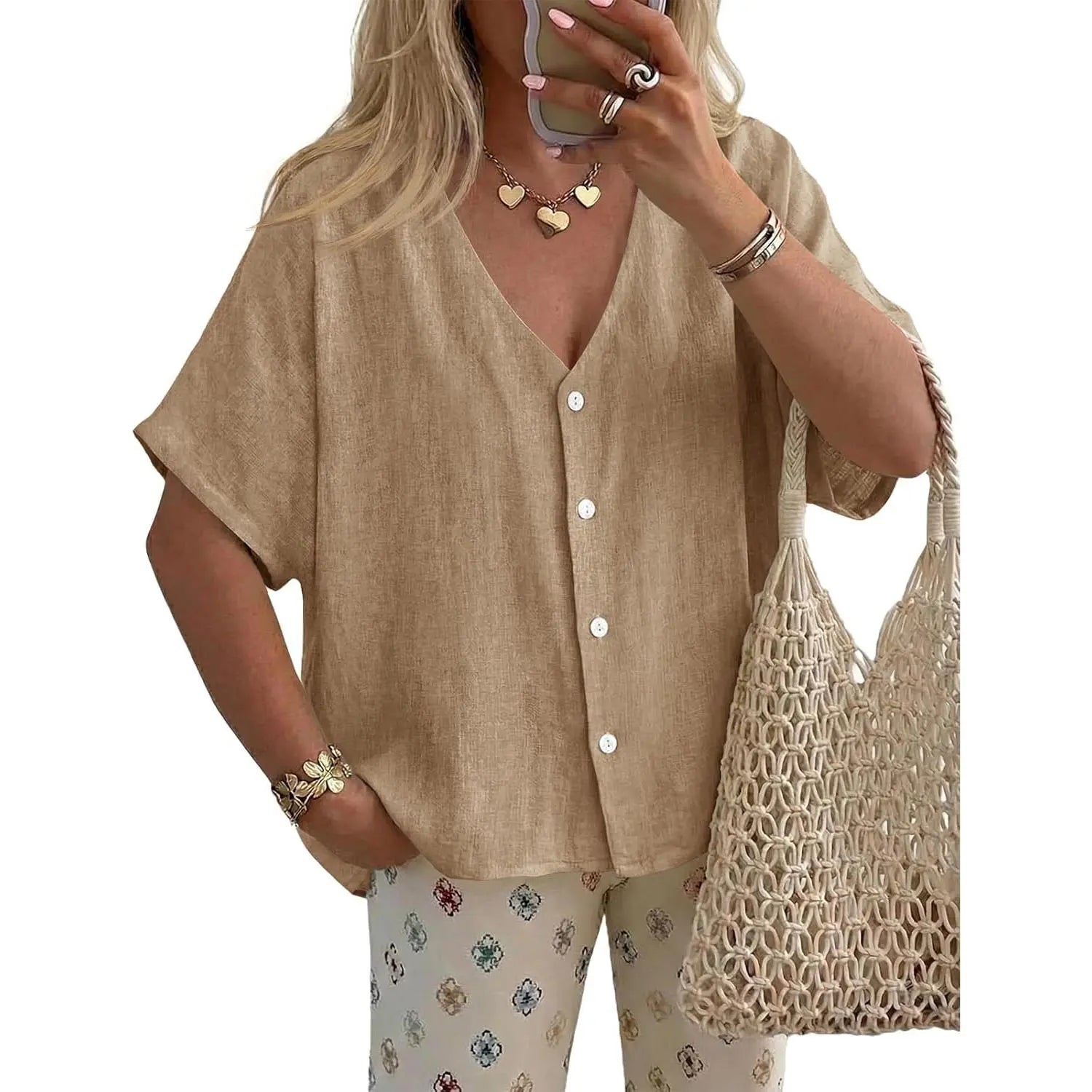 TANKANEO Women'S Short-Sleeve Batwing Blouse, Oversized V-Neck Button-Down Shirt, Lightweight Breathable Soft Relaxed-Fit Tops for Summer Casual Day Fashion, Pairable with Leggings