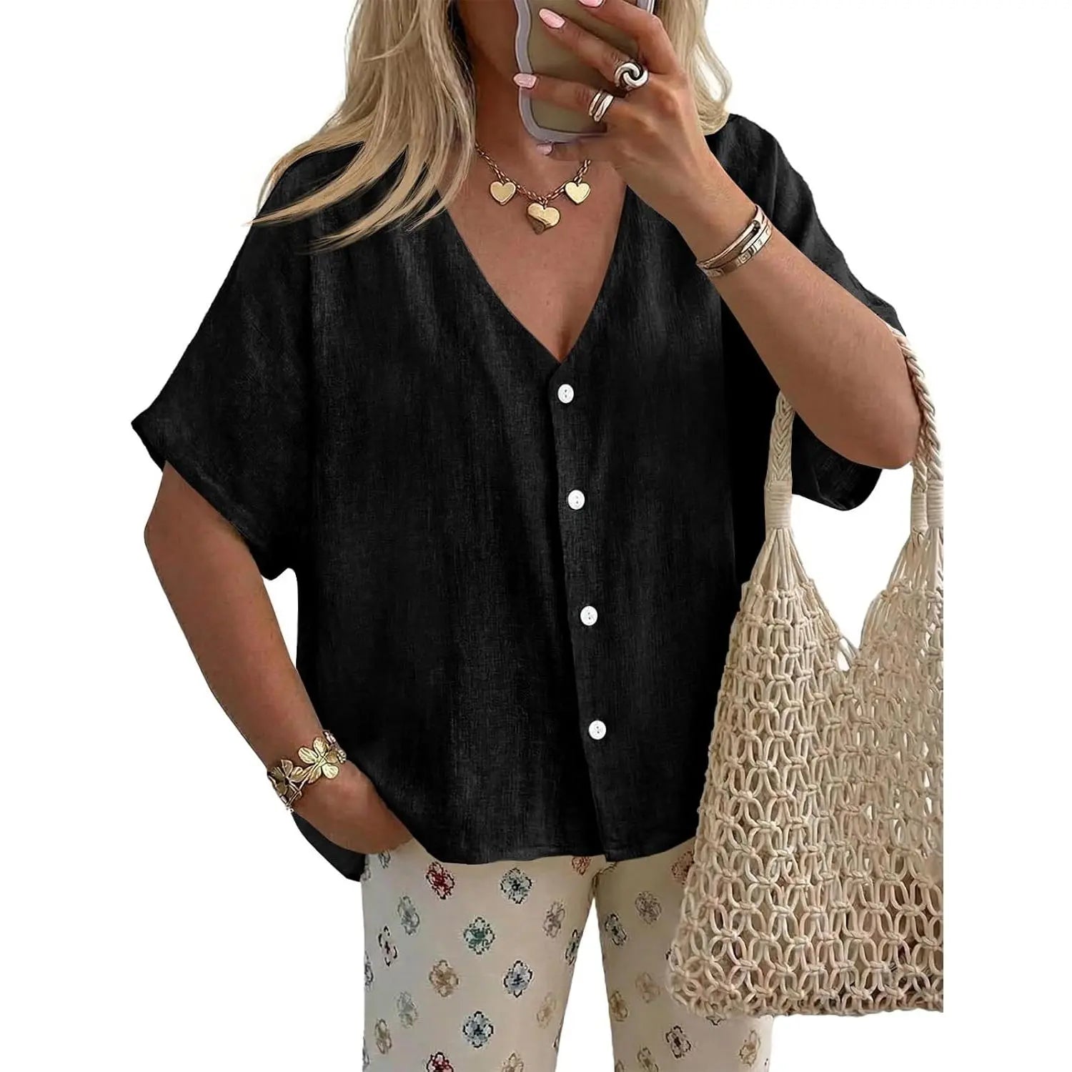 TANKANEO Women'S Short-Sleeve Batwing Blouse, Oversized V-Neck Button-Down Shirt, Lightweight Breathable Soft Relaxed-Fit Tops for Summer Casual Day Fashion, Pairable with Leggings