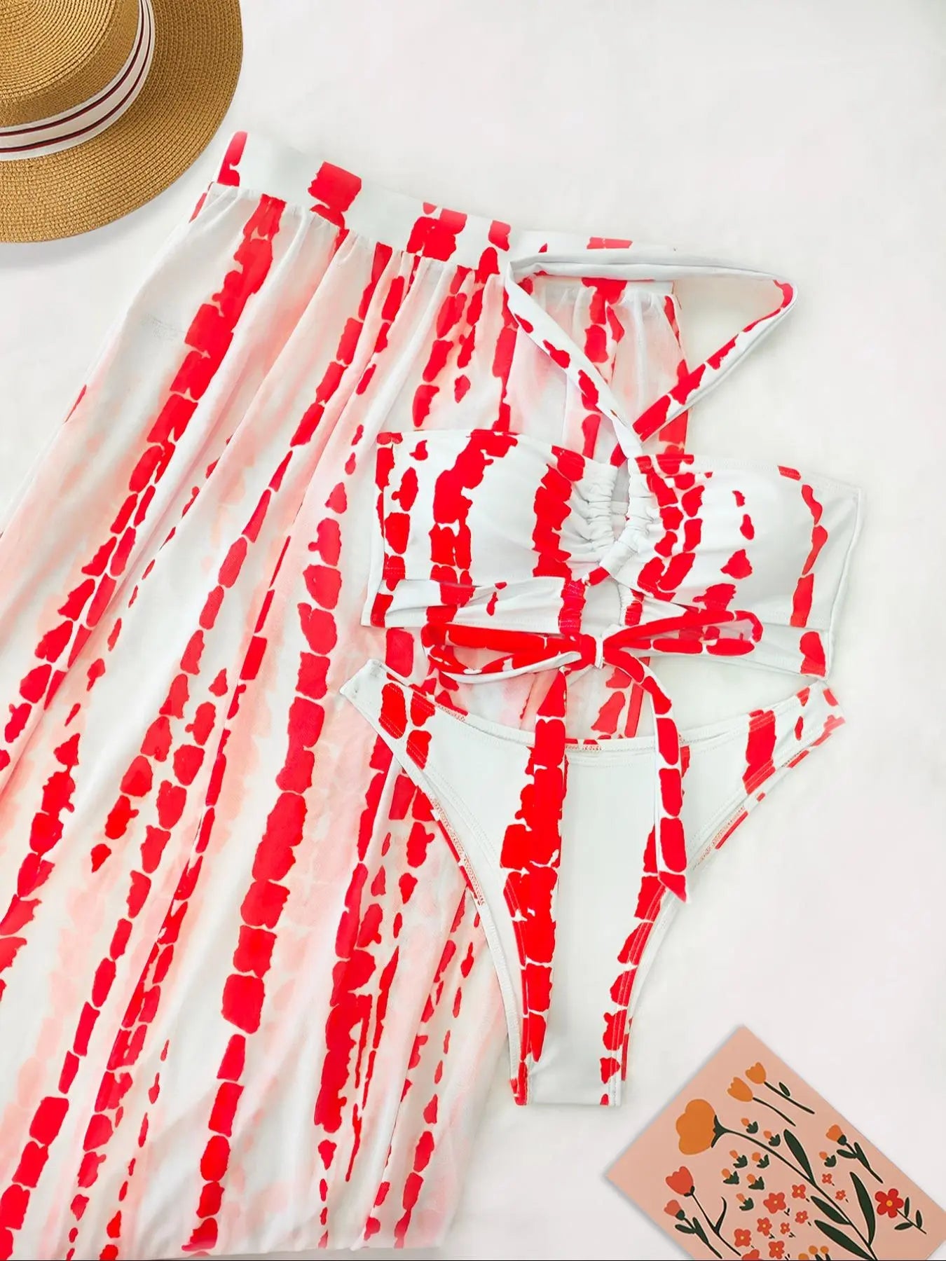 Three-Piece Set Women'S Tie Dye Print Criss Cross Swimsuit Set, Boho Halter Neck Swim Bra & Split Thigh Cover up Skirt & High Cut Swim Panty Set, Ladies Bikini Set for Summer Beach